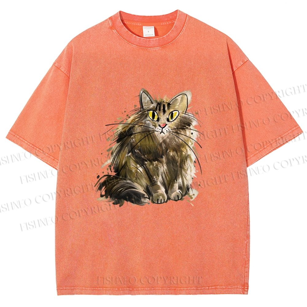 Unisex Fuury Cat Sketch Printed Washed Tee