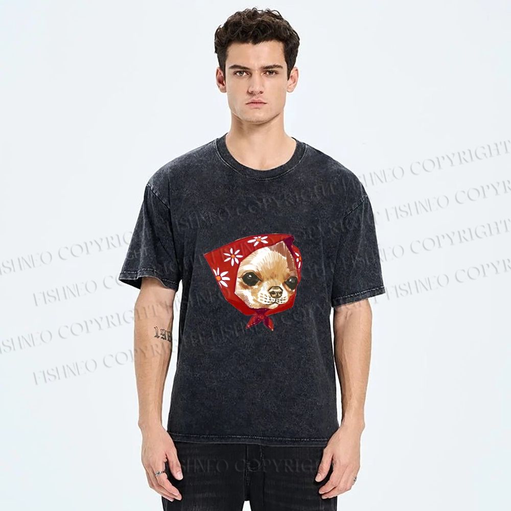 Unisex Silly Chihuahua Wearing a Headscarf Printed Washed Tee