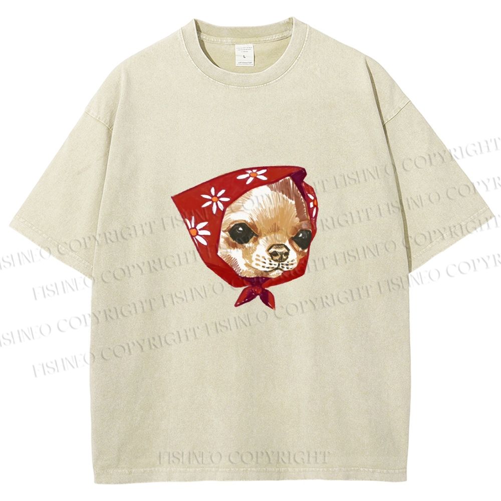 Unisex Silly Chihuahua Wearing a Headscarf Printed Washed Tee