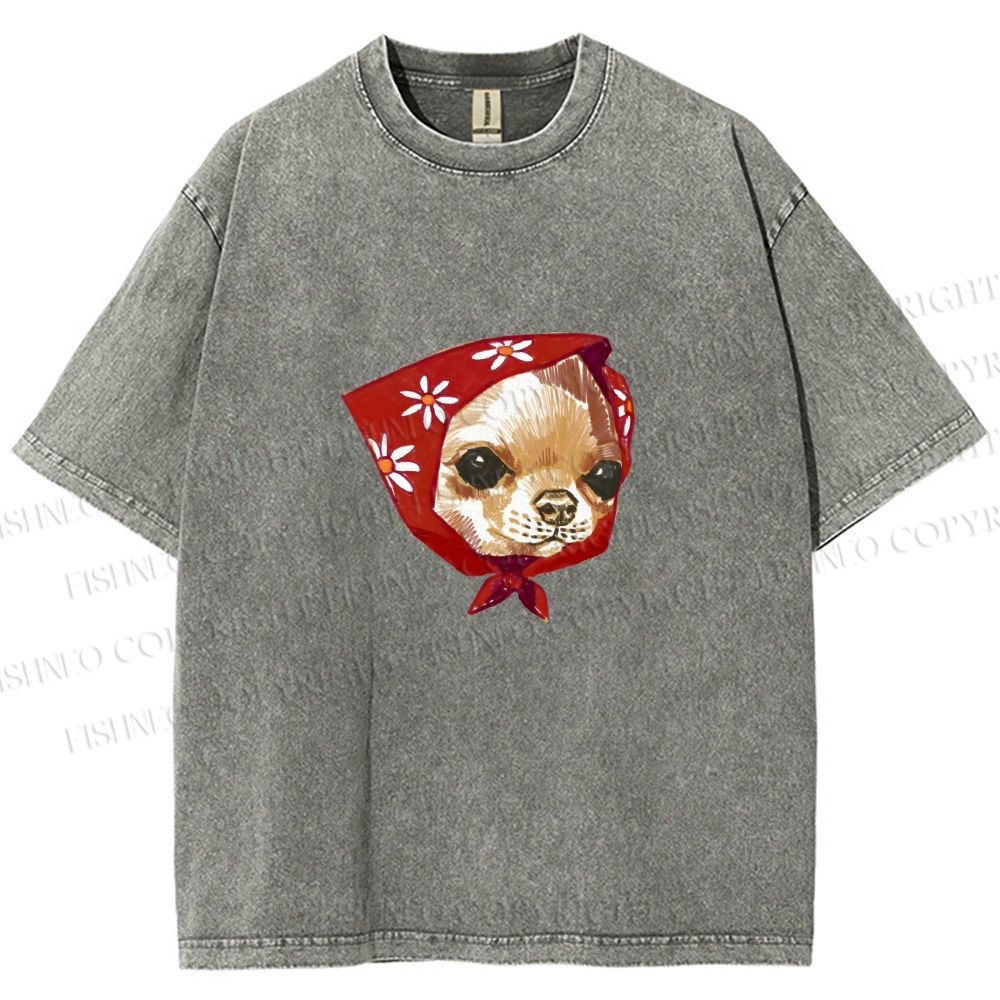 Unisex Silly Chihuahua Wearing a Headscarf Printed Washed Tee