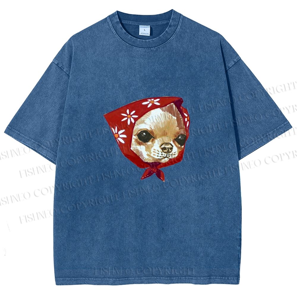 Unisex Silly Chihuahua Wearing a Headscarf Printed Washed Tee