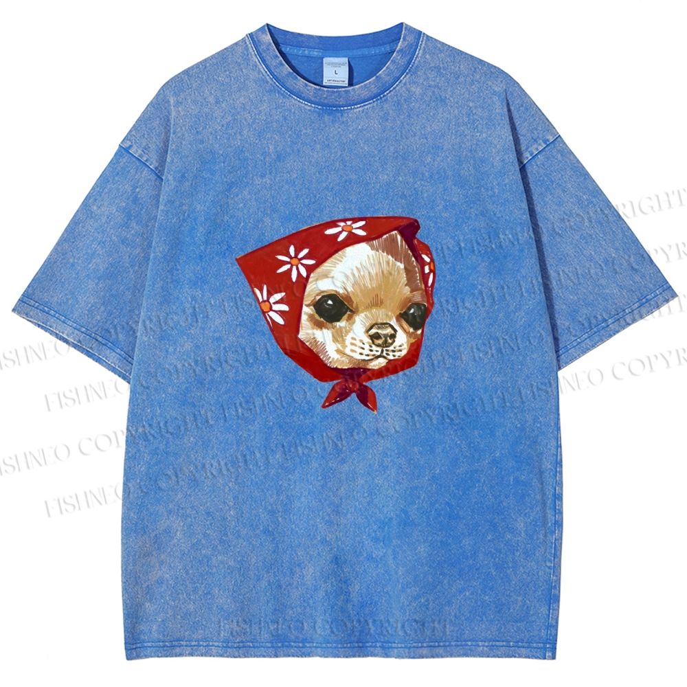Unisex Silly Chihuahua Wearing a Headscarf Printed Washed Tee