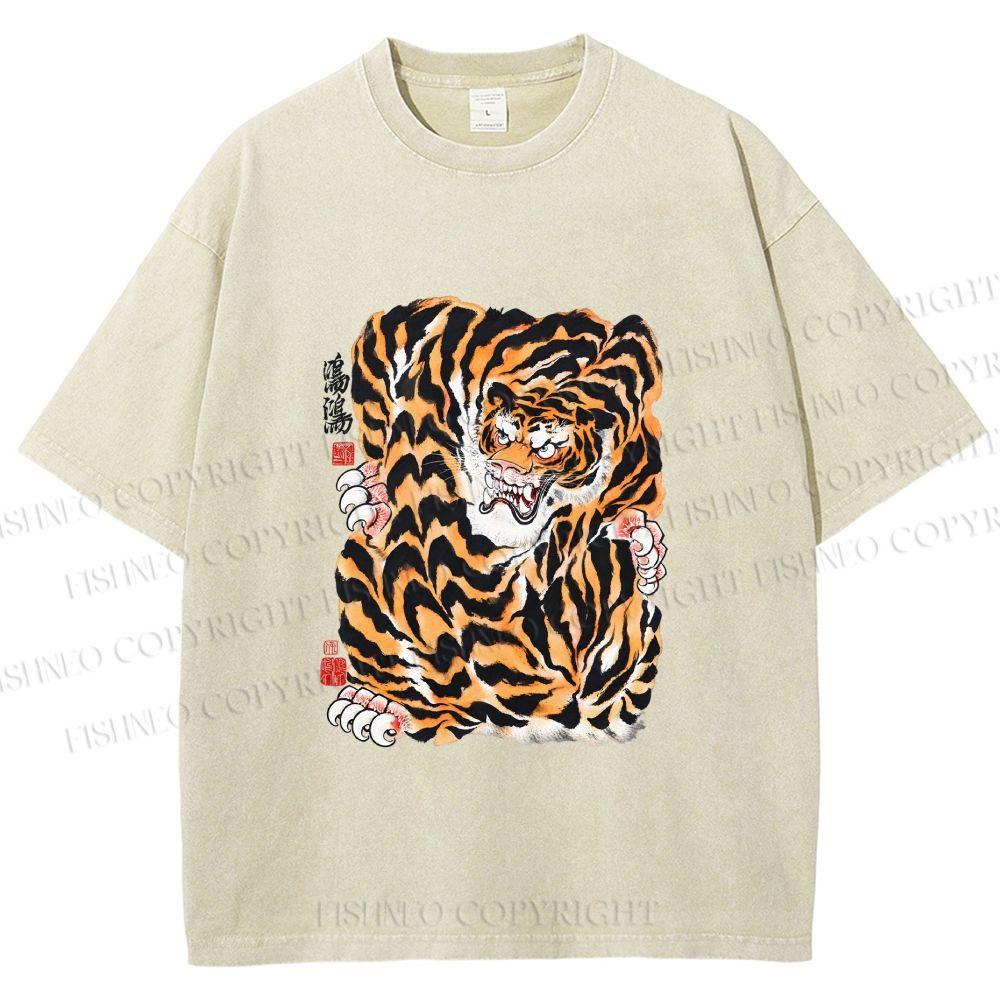 Unisex Japanese Vintage Tiger Printed Washed Tee