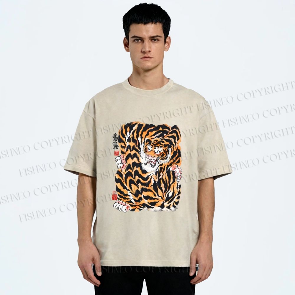 Unisex Japanese Vintage Tiger Printed Washed Tee