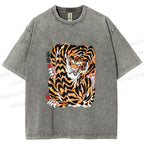 Unisex Japanese Vintage Tiger Printed Washed Tee