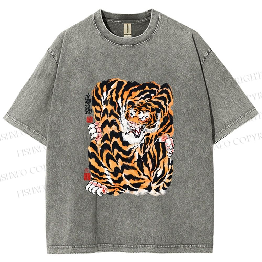 Unisex Japanese Vintage Tiger Printed Washed Tee
