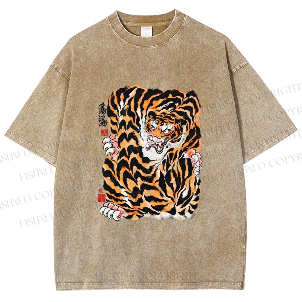 Unisex Japanese Vintage Tiger Printed Washed Tee