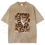 Unisex Japanese Vintage Tiger Printed Washed Tee