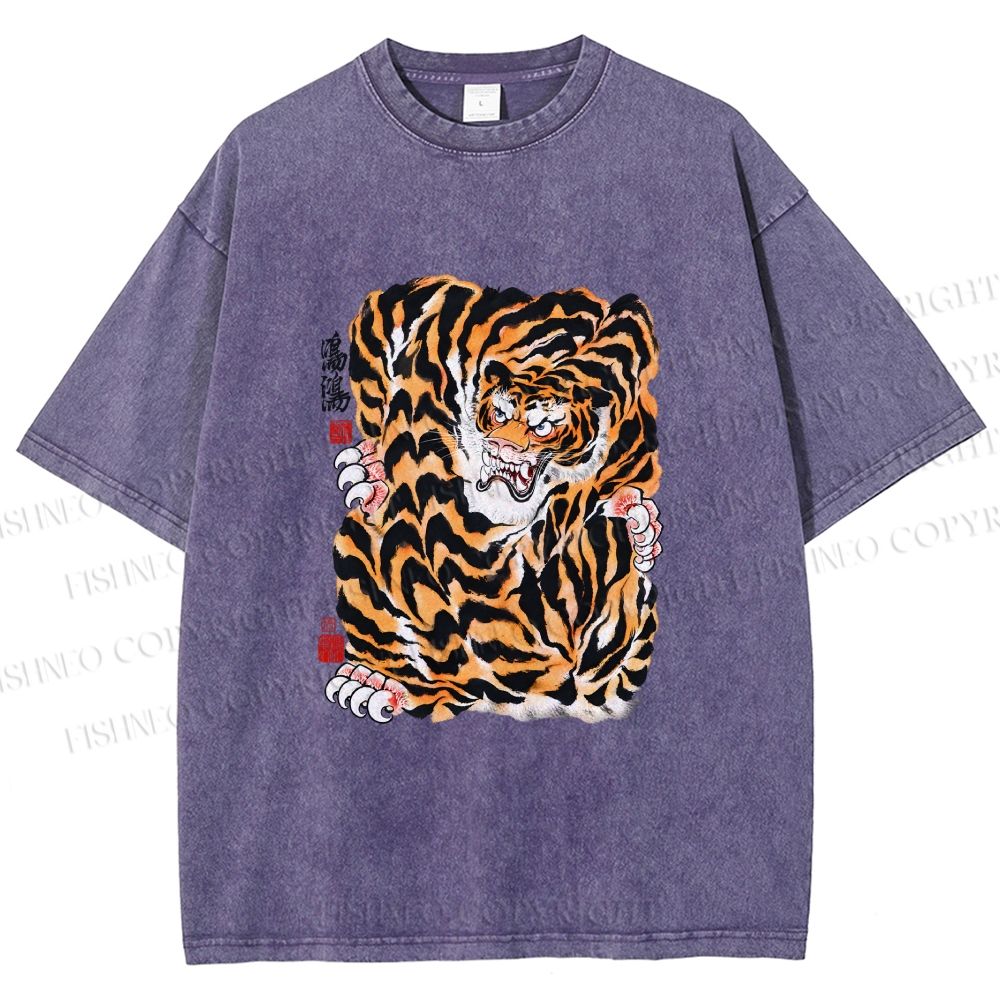 Unisex Japanese Vintage Tiger Printed Washed Tee
