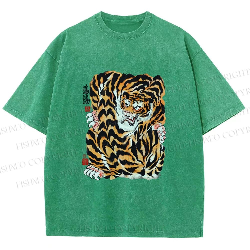 Unisex Japanese Vintage Tiger Printed Washed Tee