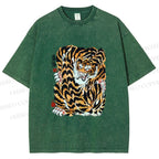 Unisex Japanese Vintage Tiger Printed Washed Tee