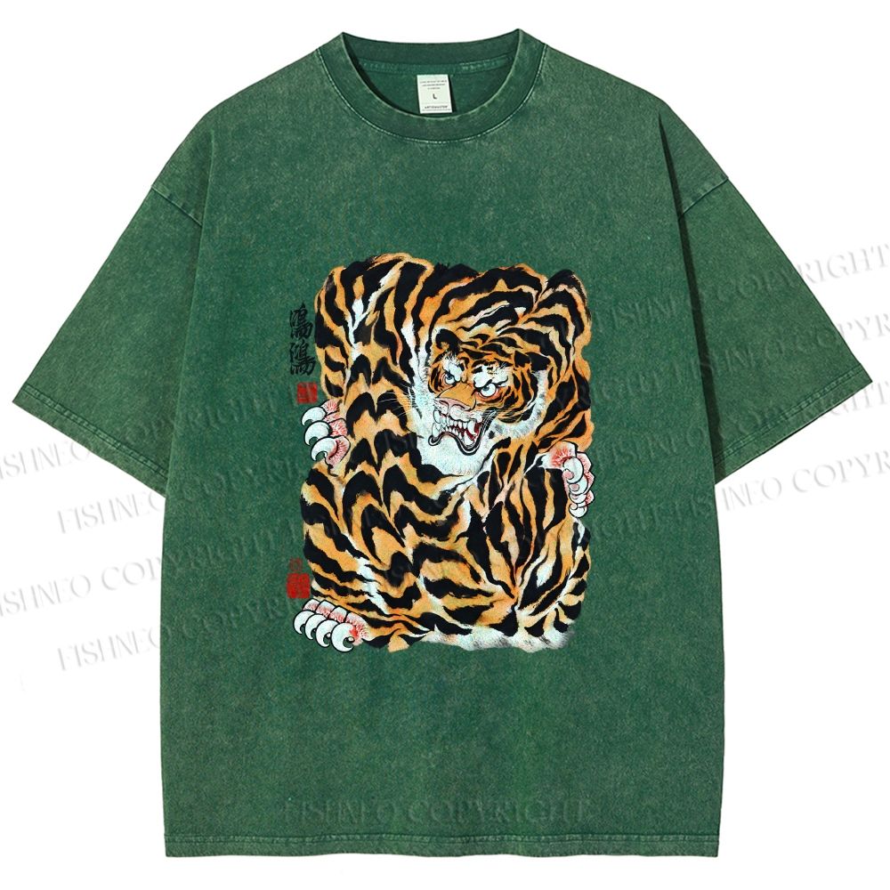 Unisex Japanese Vintage Tiger Printed Washed Tee