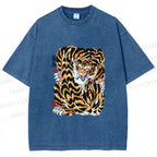 Unisex Japanese Vintage Tiger Printed Washed Tee