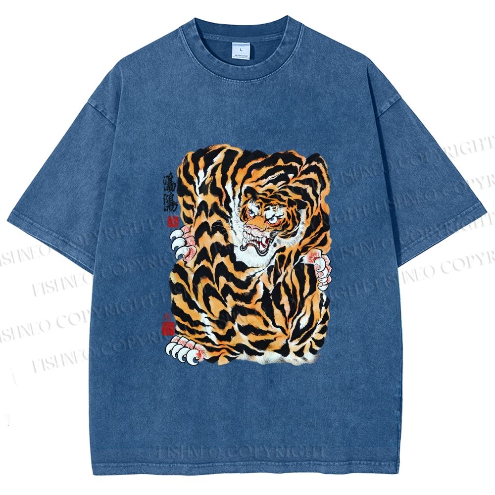 Unisex Japanese Vintage Tiger Printed Washed Tee