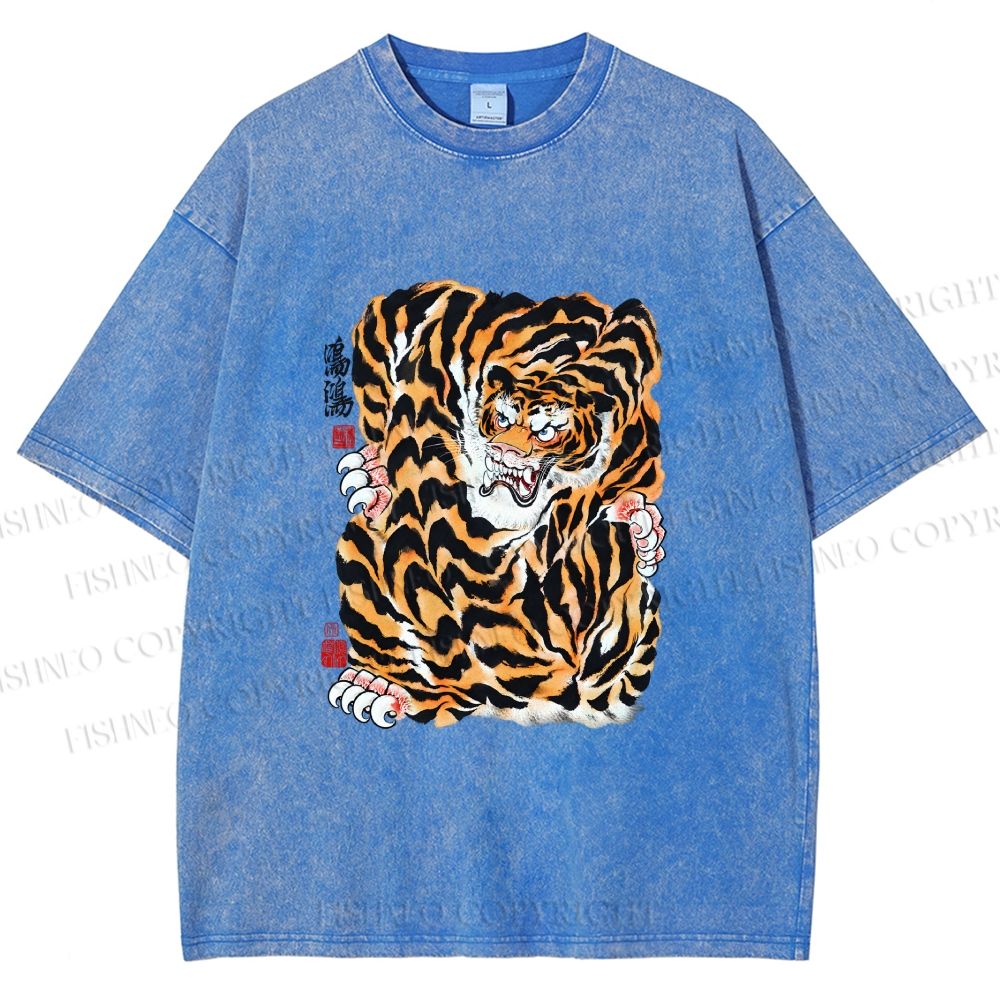 Unisex Japanese Vintage Tiger Printed Washed Tee