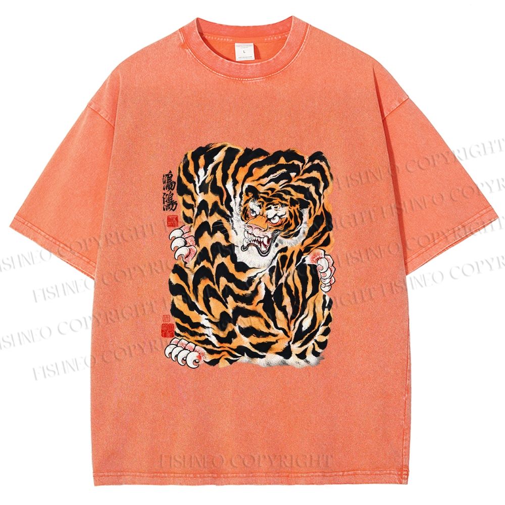 Unisex Japanese Vintage Tiger Printed Washed Tee