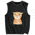 Unisex Sluggish Cat Sketch Printed Washed Tank Top