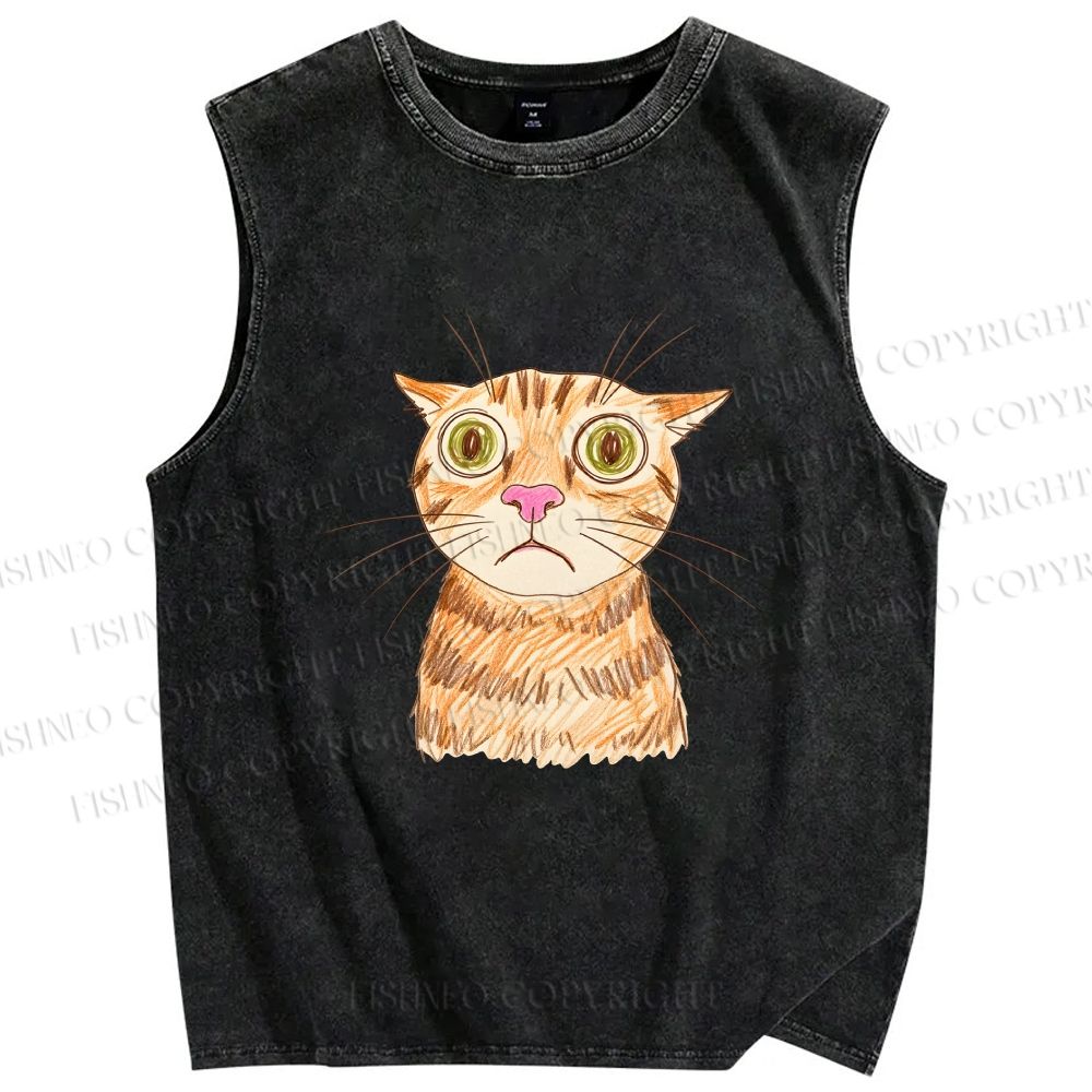 Unisex Sluggish Cat Sketch Printed Washed Tank Top