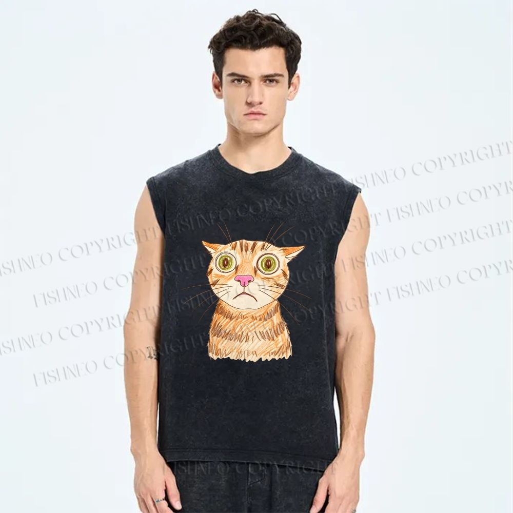 Unisex Sluggish Cat Sketch Printed Washed Tank Top