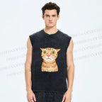 Unisex Sluggish Cat Sketch Printed Washed Tank Top