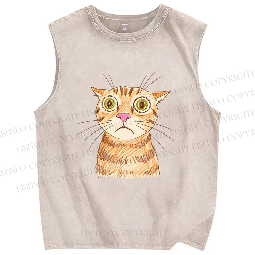 Unisex Sluggish Cat Sketch Printed Washed Tank Top
