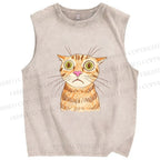 Unisex Sluggish Cat Sketch Printed Washed Tank Top