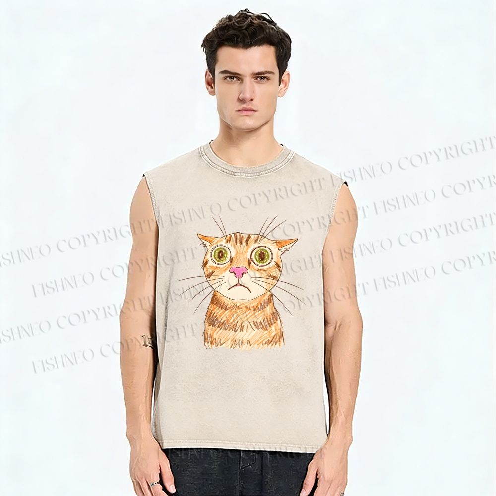 Unisex Sluggish Cat Sketch Printed Washed Tank Top