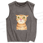 Unisex Sluggish Cat Sketch Printed Washed Tank Top