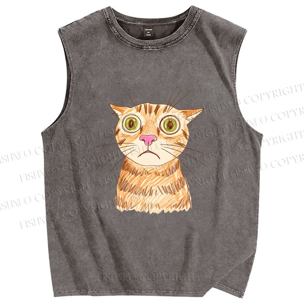 Unisex Sluggish Cat Sketch Printed Washed Tank Top