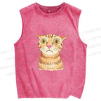 Unisex Sluggish Cat Sketch Printed Washed Tank Top