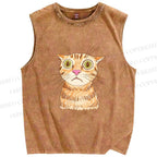 Unisex Sluggish Cat Sketch Printed Washed Tank Top