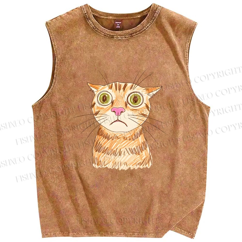 Unisex Sluggish Cat Sketch Printed Washed Tank Top