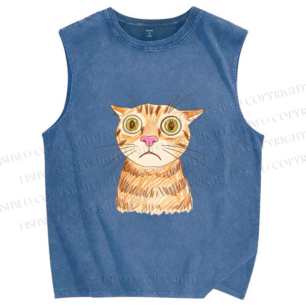 Unisex Sluggish Cat Sketch Printed Washed Tank Top