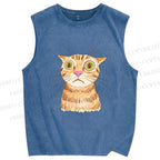 Unisex Sluggish Cat Sketch Printed Washed Tank Top