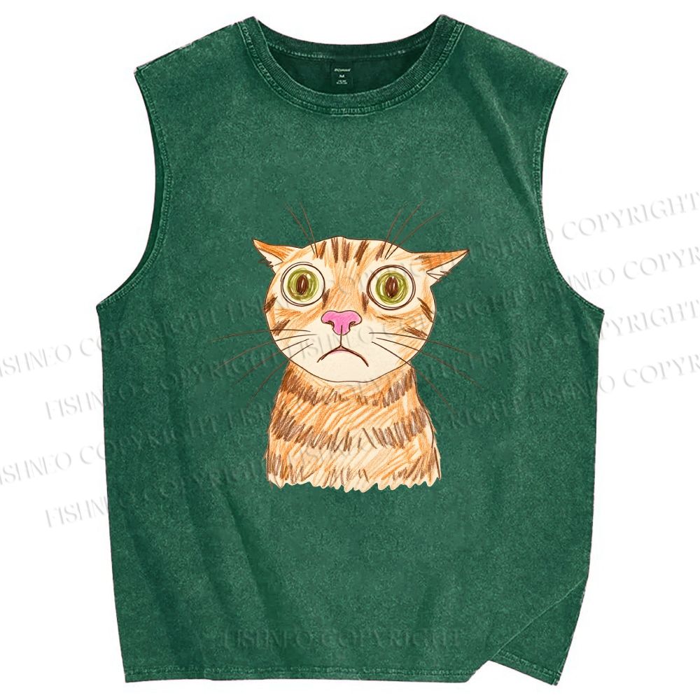 Unisex Sluggish Cat Sketch Printed Washed Tank Top