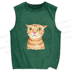 Unisex Sluggish Cat Sketch Printed Washed Tank Top