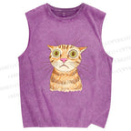 Unisex Sluggish Cat Sketch Printed Washed Tank Top