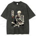 Unisex Midnight Ramen With A Skeleton And Black Cat Printed Washed Tee