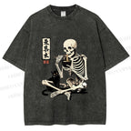 Unisex Midnight Ramen With A Skeleton And Black Cat Printed Washed Tee