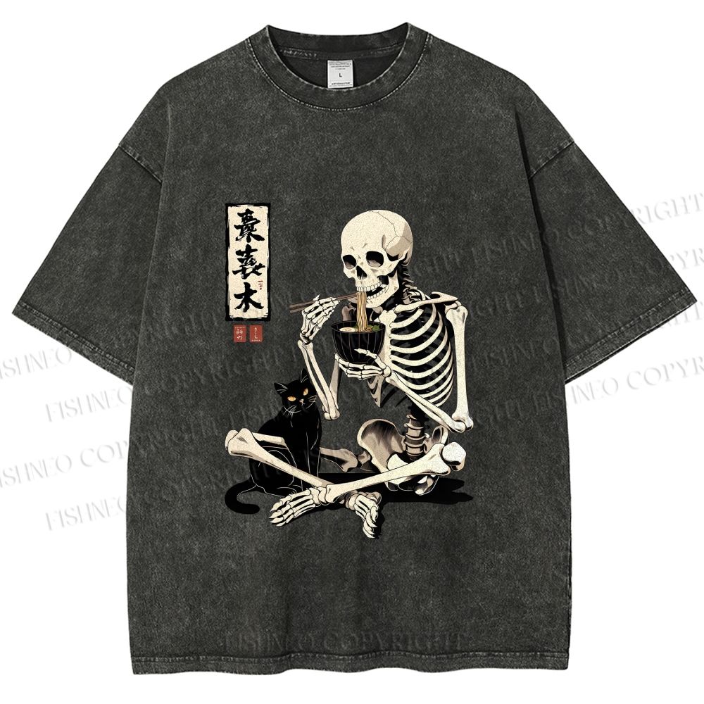 Unisex Midnight Ramen With A Skeleton And Black Cat Printed Washed Tee