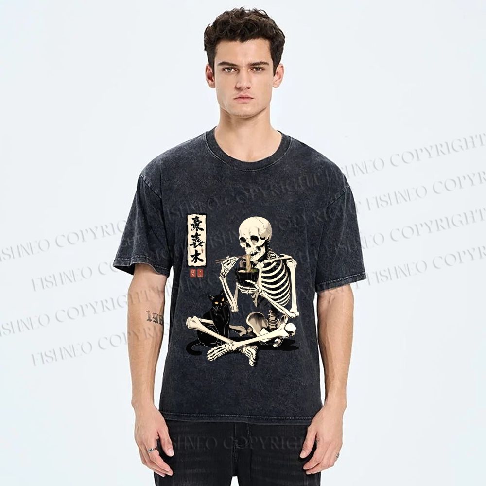 Unisex Midnight Ramen With A Skeleton And Black Cat Printed Washed Tee