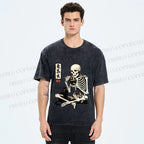 Unisex Midnight Ramen With A Skeleton And Black Cat Printed Washed Tee