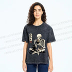 Unisex Midnight Ramen With A Skeleton And Black Cat Printed Washed Tee