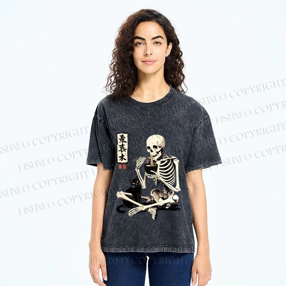 Unisex Midnight Ramen With A Skeleton And Black Cat Printed Washed Tee