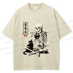 Unisex Midnight Ramen With A Skeleton And Black Cat Printed Washed Tee