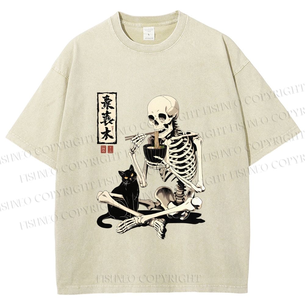 Unisex Midnight Ramen With A Skeleton And Black Cat Printed Washed Tee