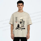 Unisex Midnight Ramen With A Skeleton And Black Cat Printed Washed Tee