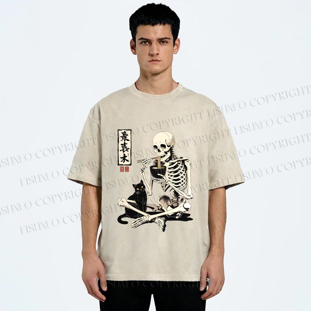 Unisex Midnight Ramen With A Skeleton And Black Cat Printed Washed Tee
