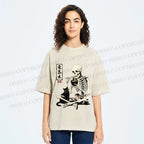 Unisex Midnight Ramen With A Skeleton And Black Cat Printed Washed Tee