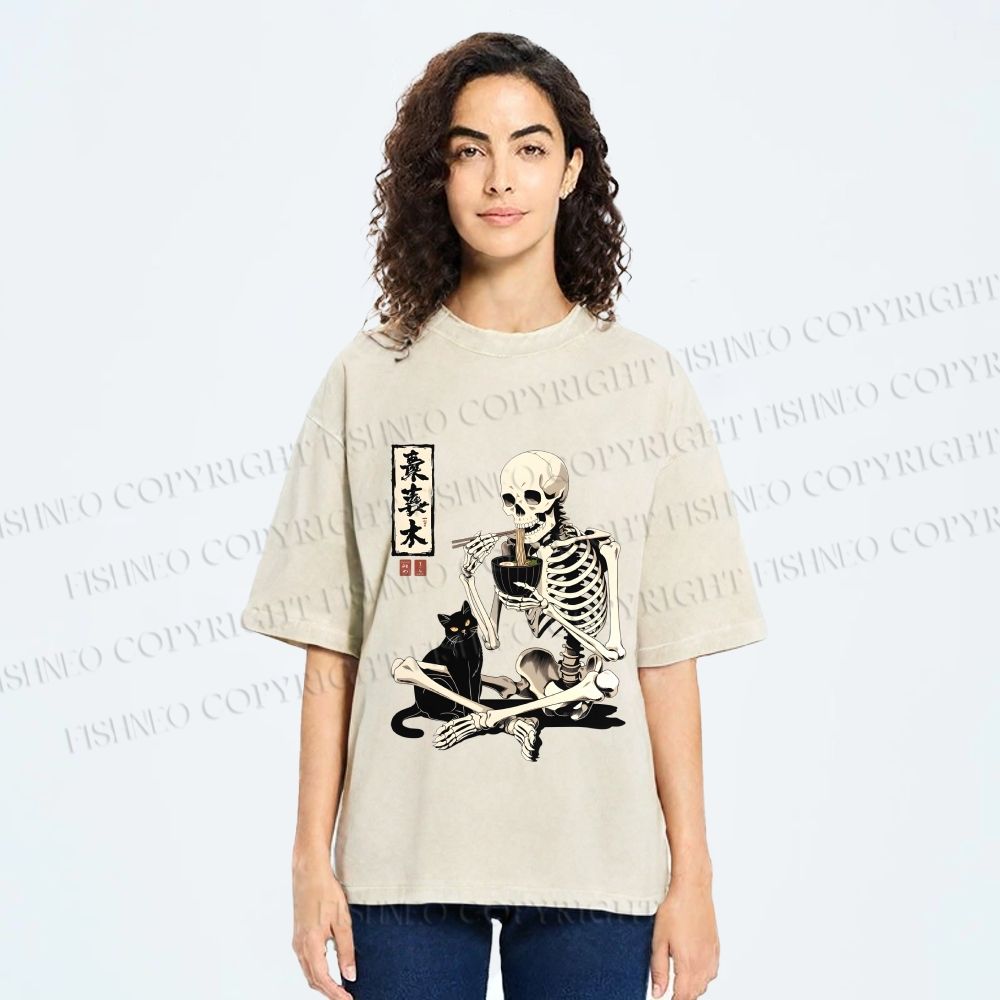 Unisex Midnight Ramen With A Skeleton And Black Cat Printed Washed Tee
